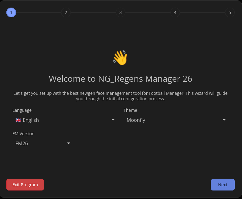 Initial Setup Wizard - first screen with language, theme and FM version selection
