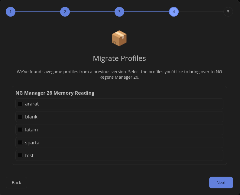 Migration screen for old savegame profiles